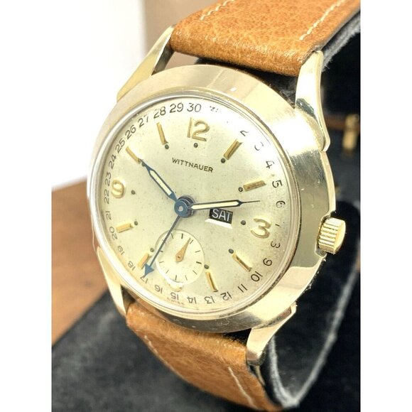 Wittnauer Men's Watch 2101 Vintage Swiss Hand Wind Day Date 33mm Leather Strap - Picture 15 of 16